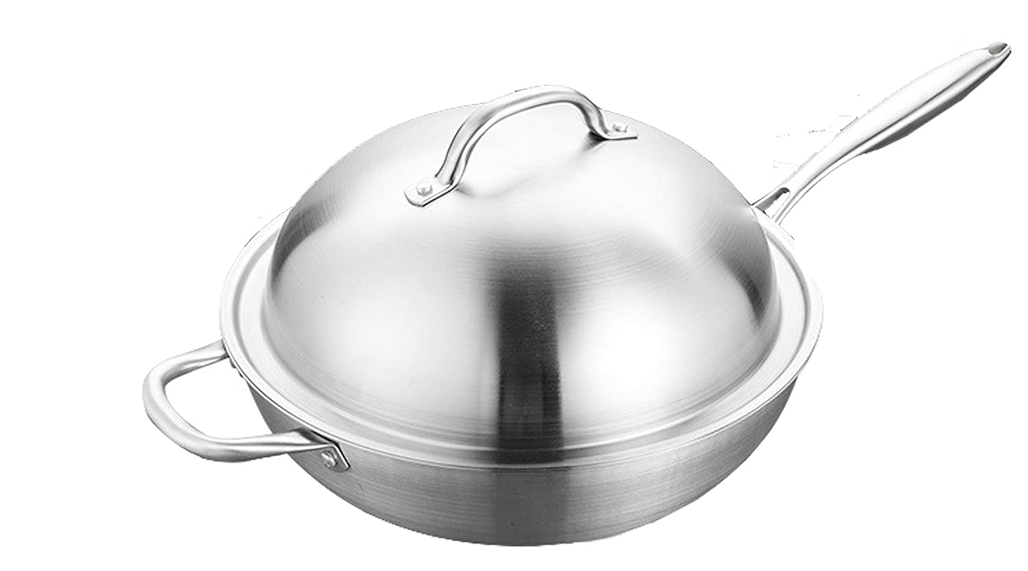 Carbon Dioxide Stainless Steel 13-Inch Wok Stir Fry Pan with Cover Multi-Ply Clad Wok Silver