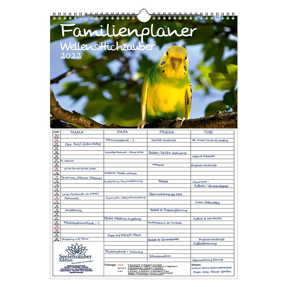 Family Planner - Budgie Magic DIN A3 Calendar for 2022 Budgies - Seelenzauber