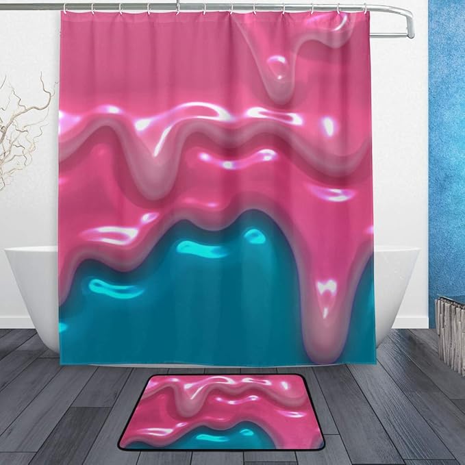 Donola Juego de Cortina de Ducha líquida Rosa con tapetes de baño
