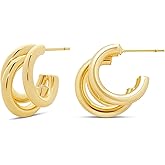 MILLA Chunky Gold Earrings for Women, Triple Split Thick Gold Hoops and Silver Hoop Earrings, Hypoallergenic