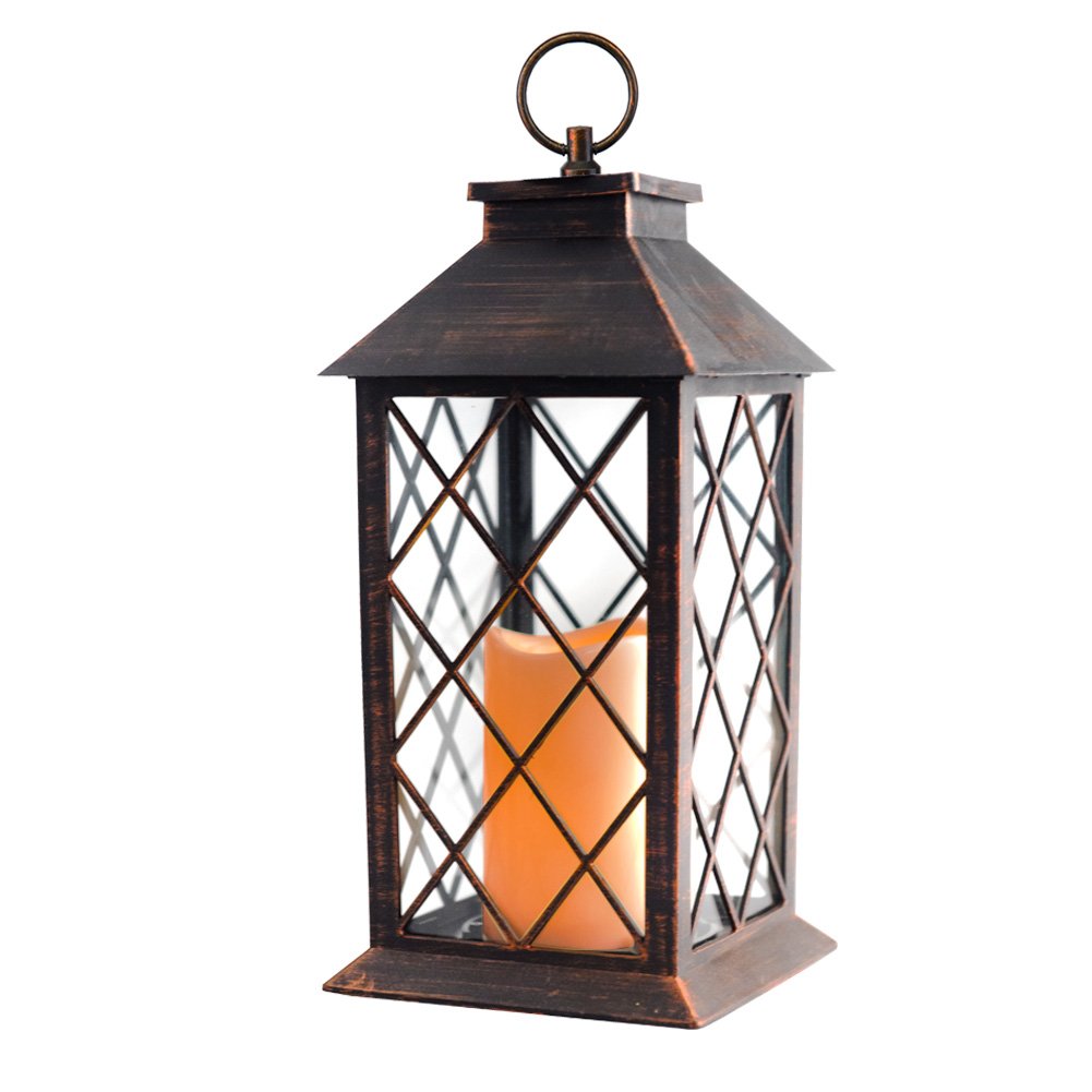 14'' Candle Lantern with Flickering Flameless Led Candle (Battery Included,Copper Brushed,4 Hour Timer) Outdoor&Indoor Hanging Lantern-Decorative Candle Lantern