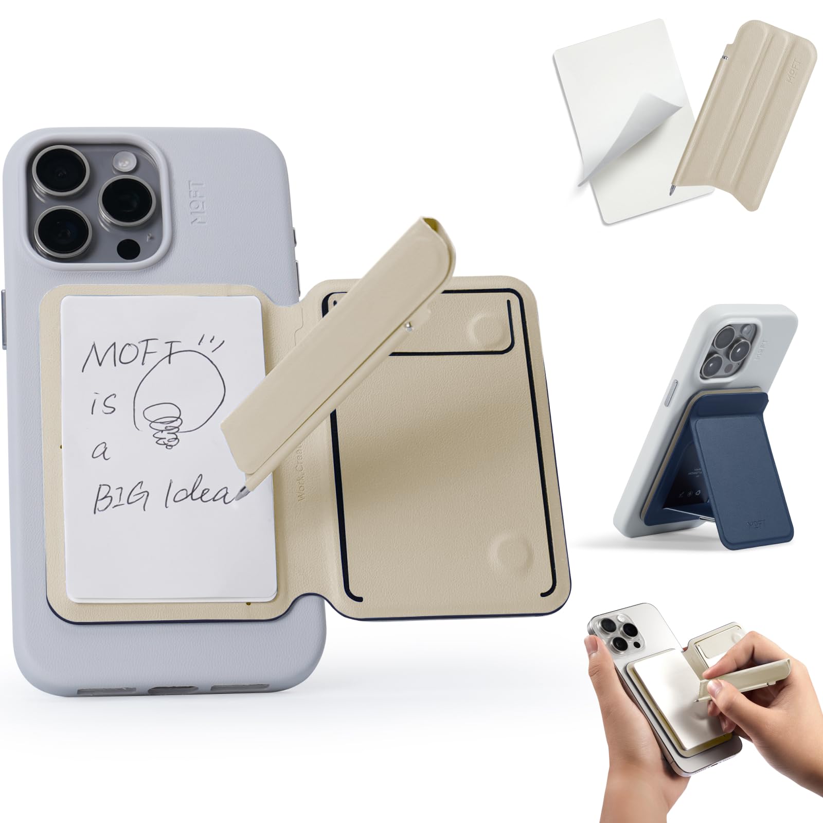 MOFT Snap Flow Phone Stand, Action Inspiration Magnetic Notepad Stand Compatible with Magsafe, Includes Two Types of Notepad and Magnetic Invisible Pen, Navy Blue + Beach White