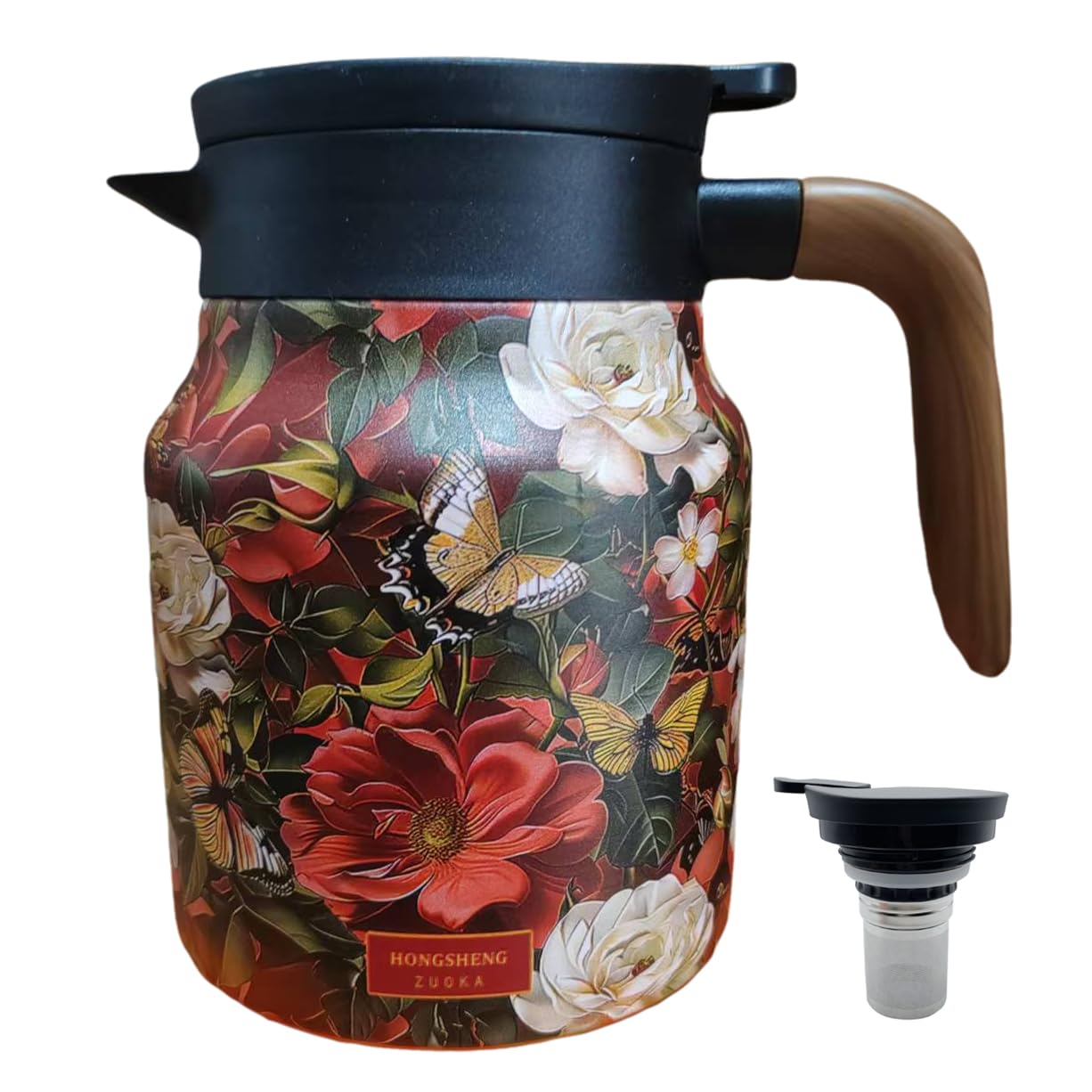 Photo 1 of 1000ml Smart Temperature Control Vintage Floral Tea Thermos Stainless Steel Insulated Mug with Built-In Filter Double Wall Vacuum Travel Tumbler for Hot Cold Drinks (Red flower)