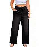 Eytino Plus Size Wide Leg Jeans for Women Elastic High Waist Stretchy Belted Denim Pants with Pockets(1X-5X)