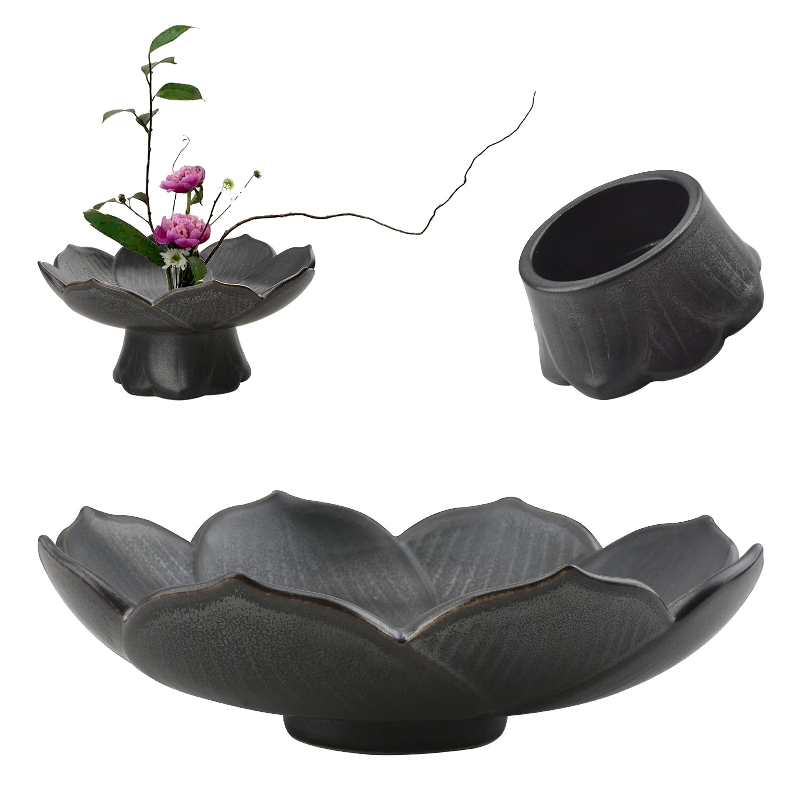 CRAFFANCY Flower Arranging Kit, 1 Set Lotus Flower Vase Dark Ceramic Flower Pot For Ikebana Floral Art, Fruit Dish Home Decoration