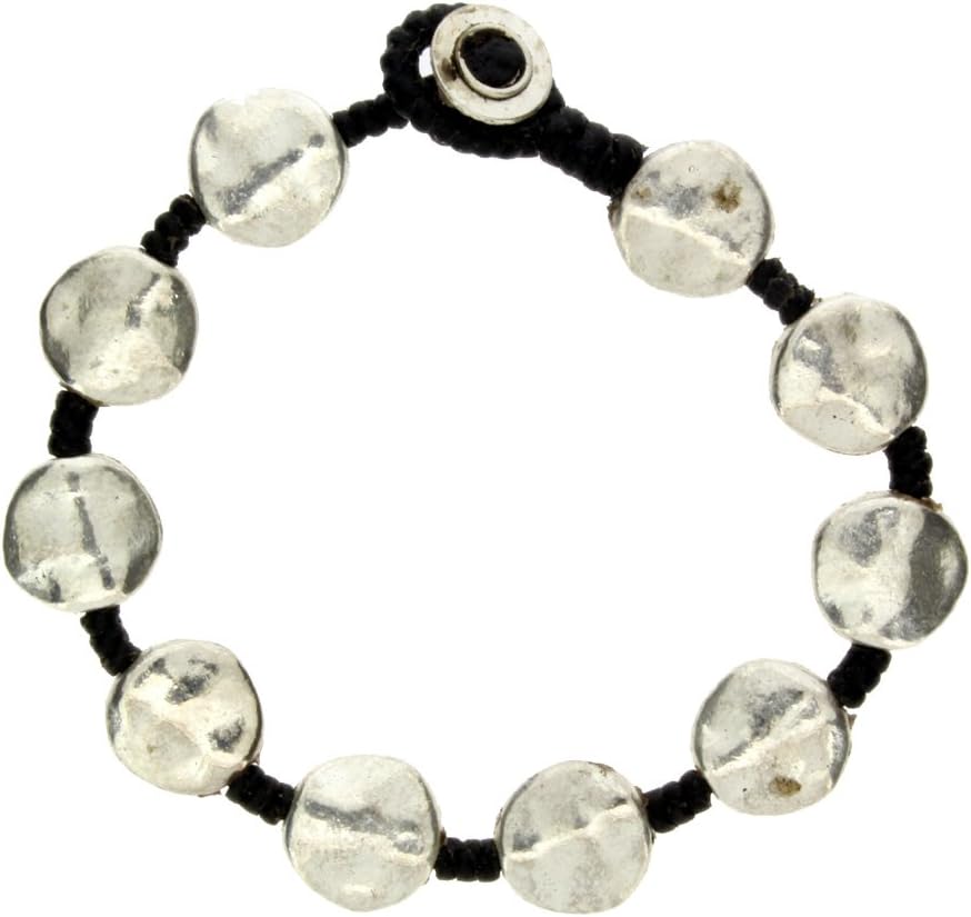 Silver Round Hammered Alloy Bracelet Waxed Linen Wristband Bali Costume Jewelry