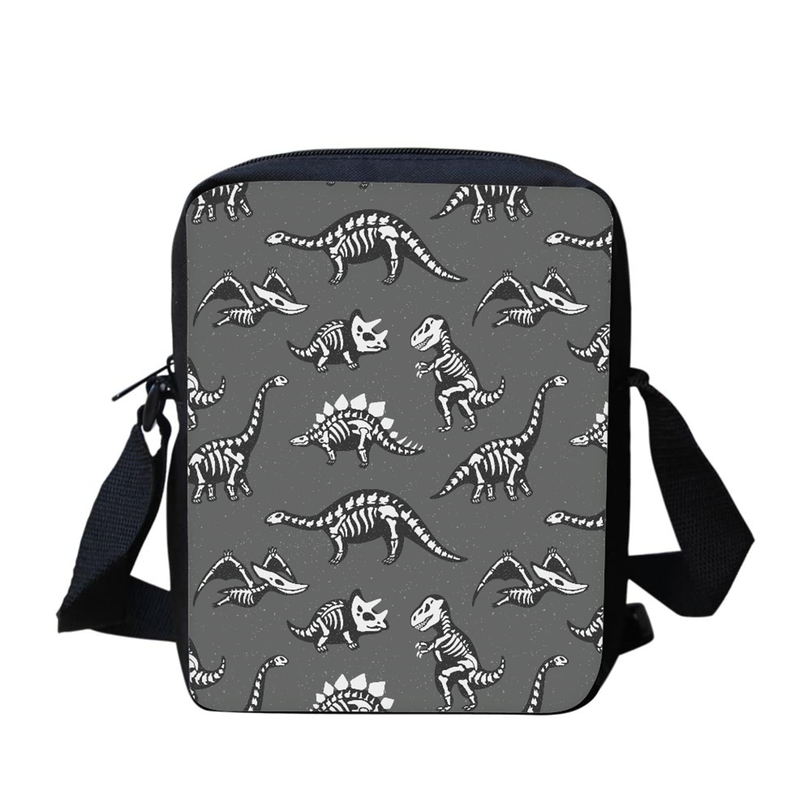 Kuiaobaty Crossbody Bag for Women Cell Phone Pouch Grey Dinosaur Messenger Bag for School Dino Skeleton Small Satchel for Kids