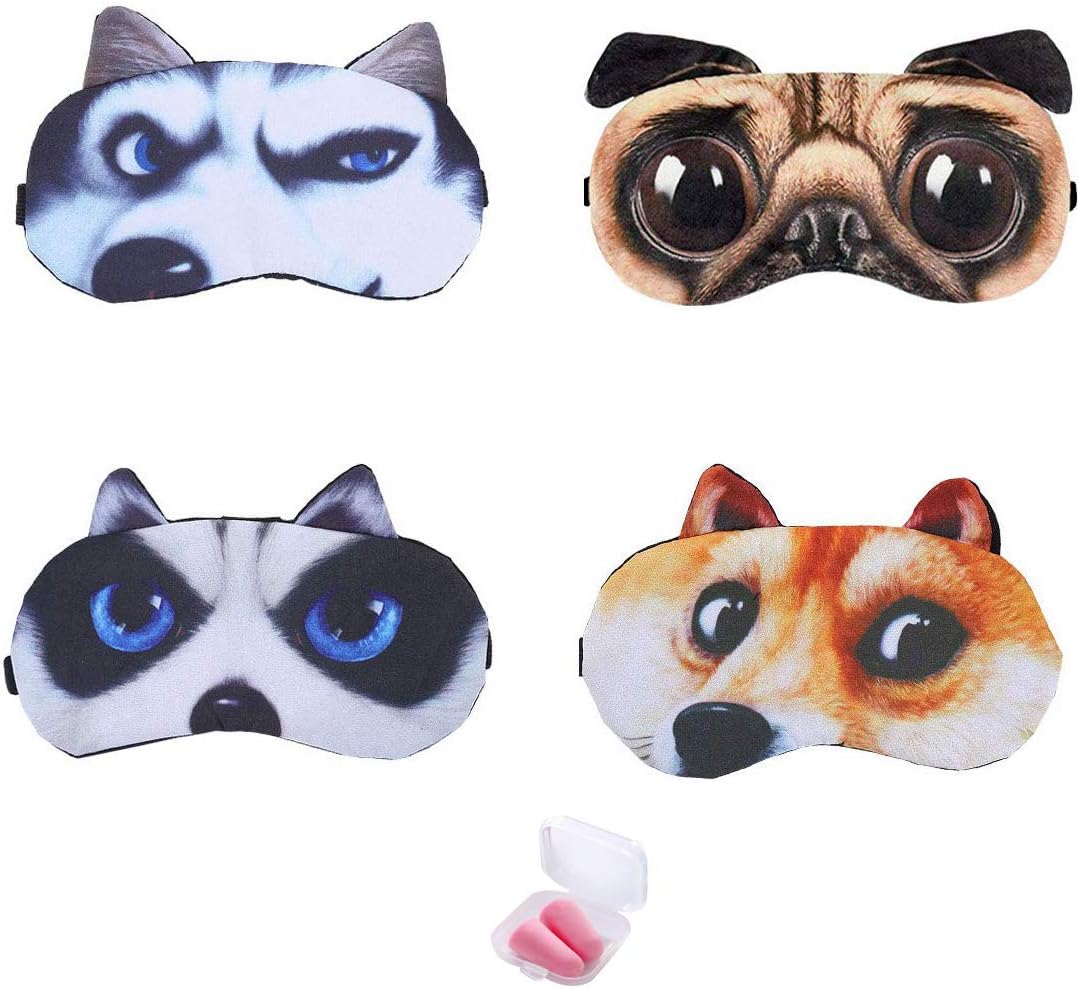 Booluee 4 Pcs Cute Cartoon Animal Sleep Eye Mask Cat Dog Sleep Mask Soft Comfortable Blindfold Eye Cover Eyeshade with Earplugs for Kids Men Women Plane Travel Nap Night Sleeping (4 Dog)