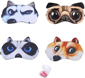 Booluee 4 Pcs Cute Cartoon Animal Sleep Eye Mask Cat Dog Sleep Mask Soft Comfortable Blindfold Eye Cover Eyeshade with Earplugs for Kids Men Women Plane Travel Nap Night Sleeping (4 Dog)