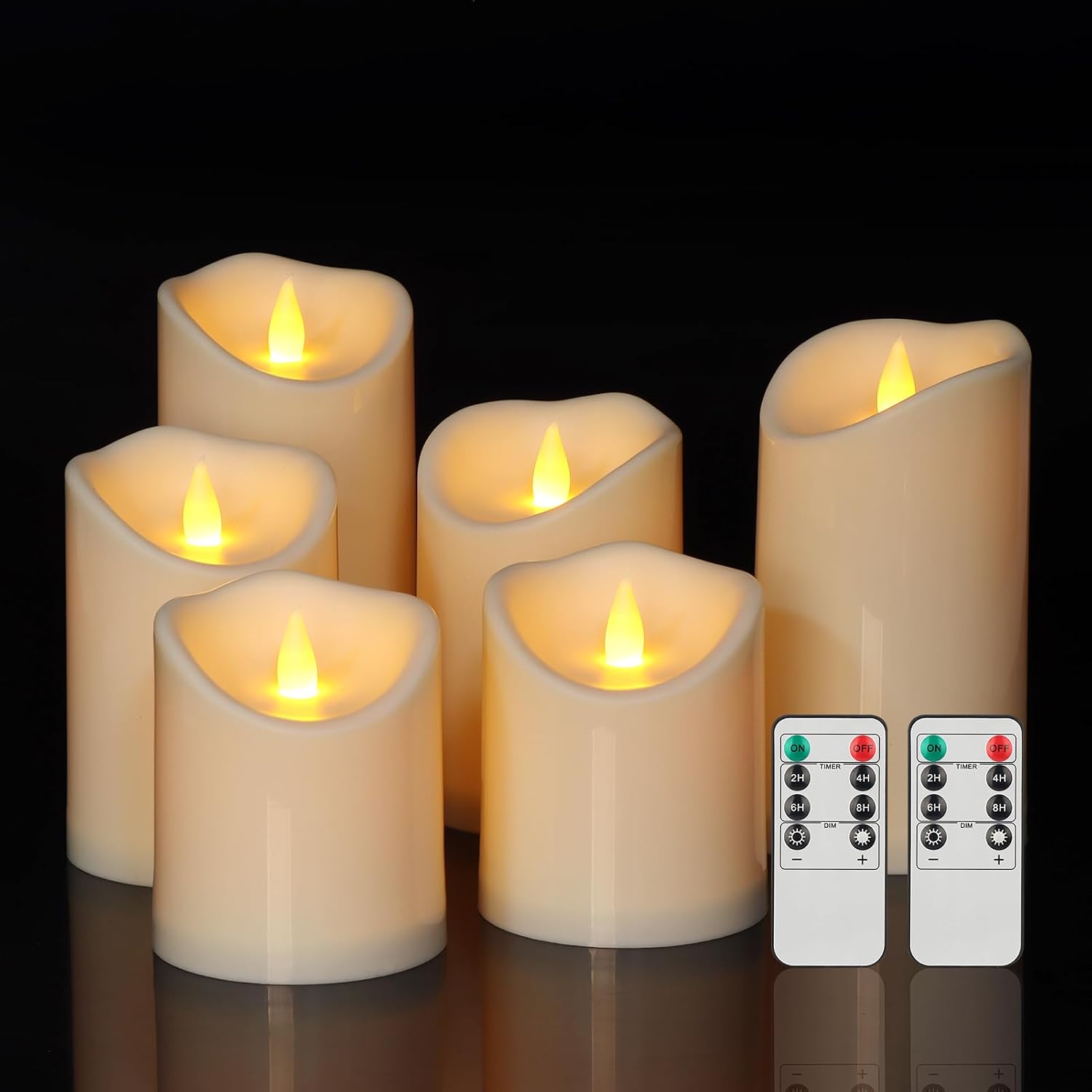 Haown Outdoor Indoor Flameless Candles, Patented 3D Dual-LED, Set of 6 Slanted Top Durable Plastic Pillars with 2 Remotes & Timer, Non-Melting Waterproof Battery Candles for Patio Garden (Ivory)