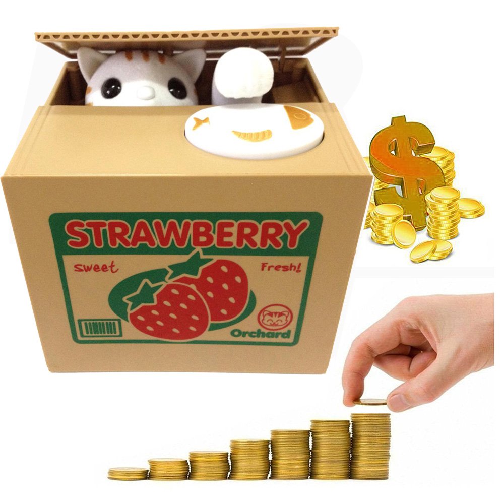 Toy Banks HmiL-U Automatic cat Stealing Coins Birthday&Christmas Gifts for Kids (Strawberry-Cat)
