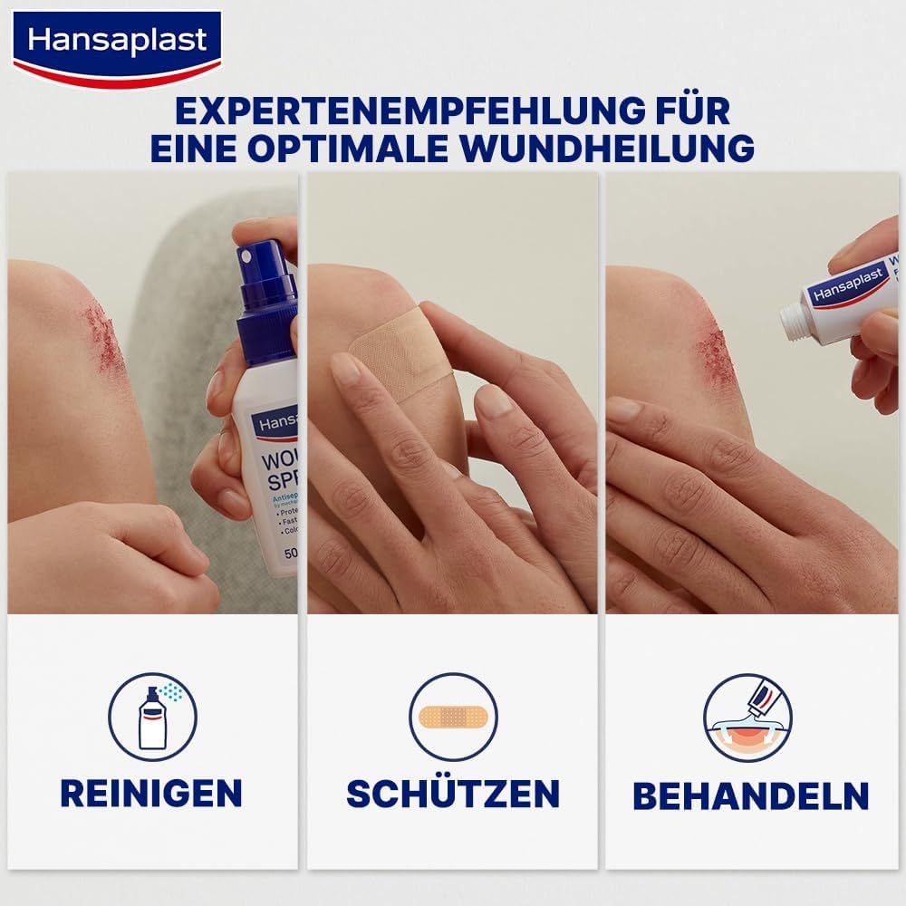 Hansaplast Wundspray (50 ml), zur antiseptischen Wundreinigung durch mechanische Spülung, Spray schützt vor Wundinfektionen, farblos und besonders hautfreundlich 5