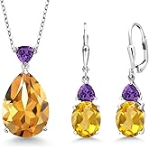 Gem Stone King 925 Sterling Silver Yellow Citrine and Purple Amethyst Pendant Earrings Jewelry Set For Women (16.80 Cttw, Pear Shape 18X13MM, with 18 Inch Chain)