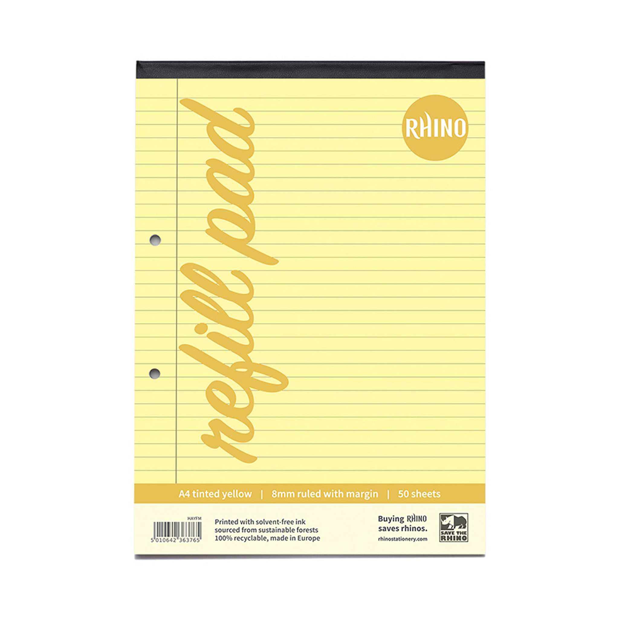 RHINO A4 Refill Pad, Writing Pad, 100-Page / 8mm Lined with Margin, 1-Pack, Yellow Lined Writing Paper for Dyslexia & SEN, Office & School Stationery Supplies