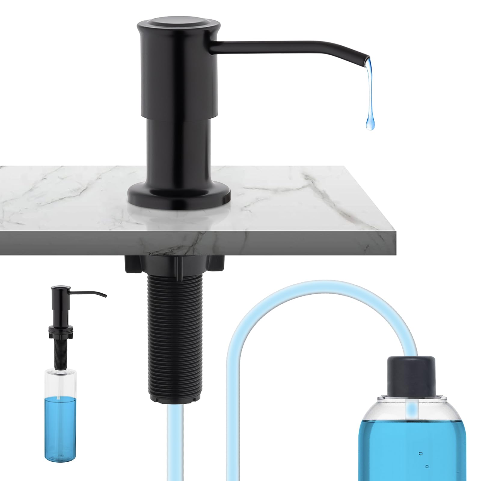 Ibergrif M34040B Black Kitchen Sink Soap Dispenser Built in, Counter Soap Dispenser with 500ML Bottle and 100CM Extension Tube Kit, Stainless Steel