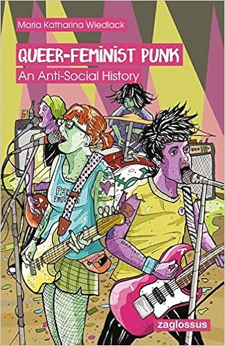 The cover of Queer Feminist Punk. There are colorful cartoon-ish images of people playing in a punk band.