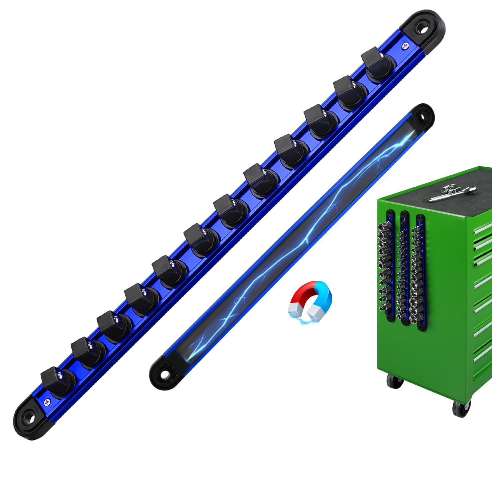 Photo 1 of 1/2-Inch Magnetic Socket Organizer Rail, Aluminum Alloy Socket Rail, Heavy Duty Sockets Holder with 12 Clips, 360° Swivel Clip Tool Tray, Sockets Organizer for Tool Box Drawer (Blue)