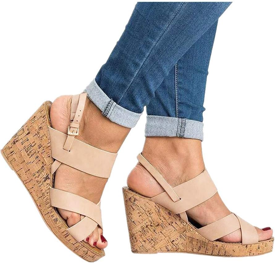 Kinrui Women Shoes Womens Platform Wedges Sandals Cutout Belt Open Toe Slingback Faux Leather Cork Heel Ankle Bootie