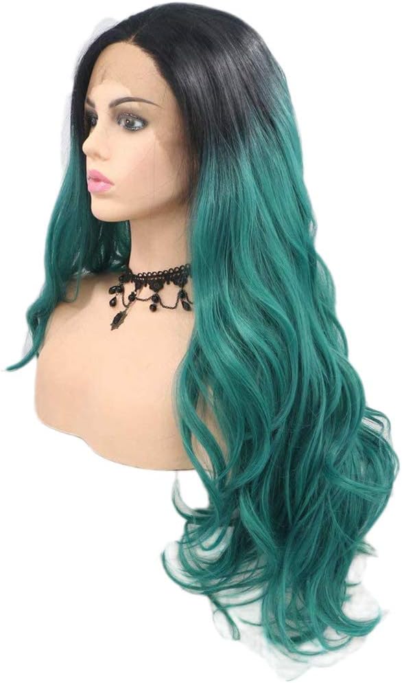 Green Lace Front Wigs for Women Long Body Wave Ombre Dark Green Wig