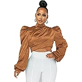 White Blouse for Women Puffy Long Sleeve Mock Neck Tops Satin Silk Shirts Work Blouses