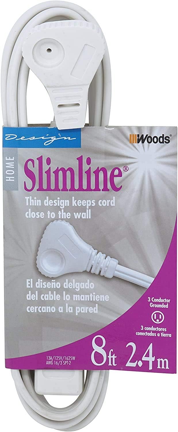 Woods SlimLine 2241 16/3 Flat Plug Indoor Extension Cord, 8-Foot, 3 Outlets, Right Angled Plug, Space Saving Design, UL Listed - - 