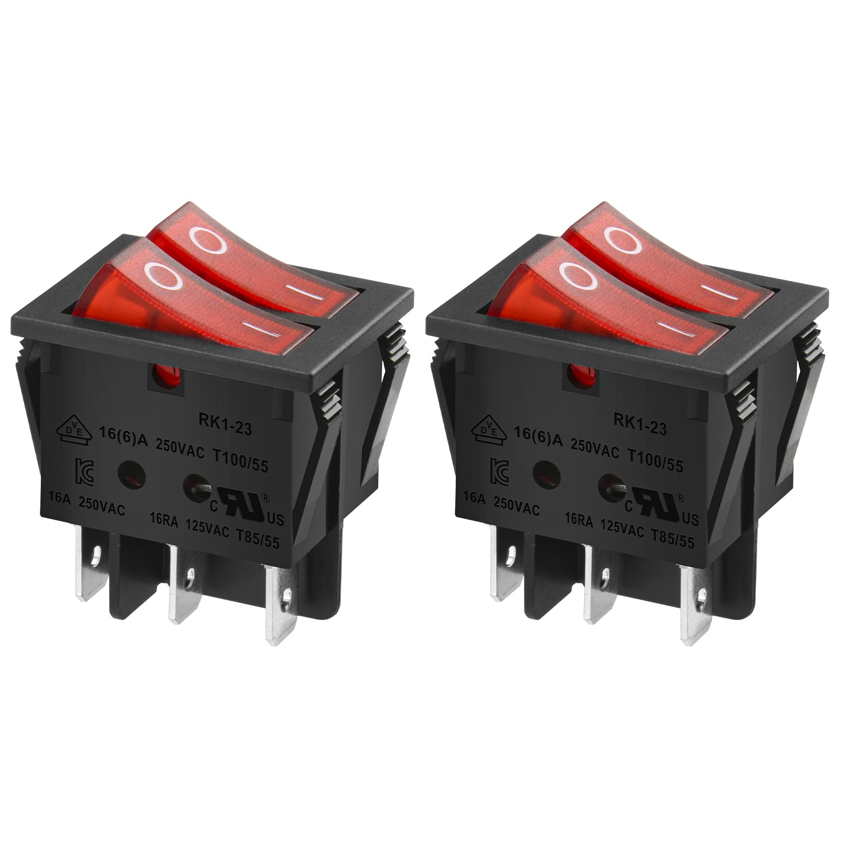Heschen Double Rocker Switch SPST ON-OFF 6 Terminals Red light 16A 250VAC 2Pack