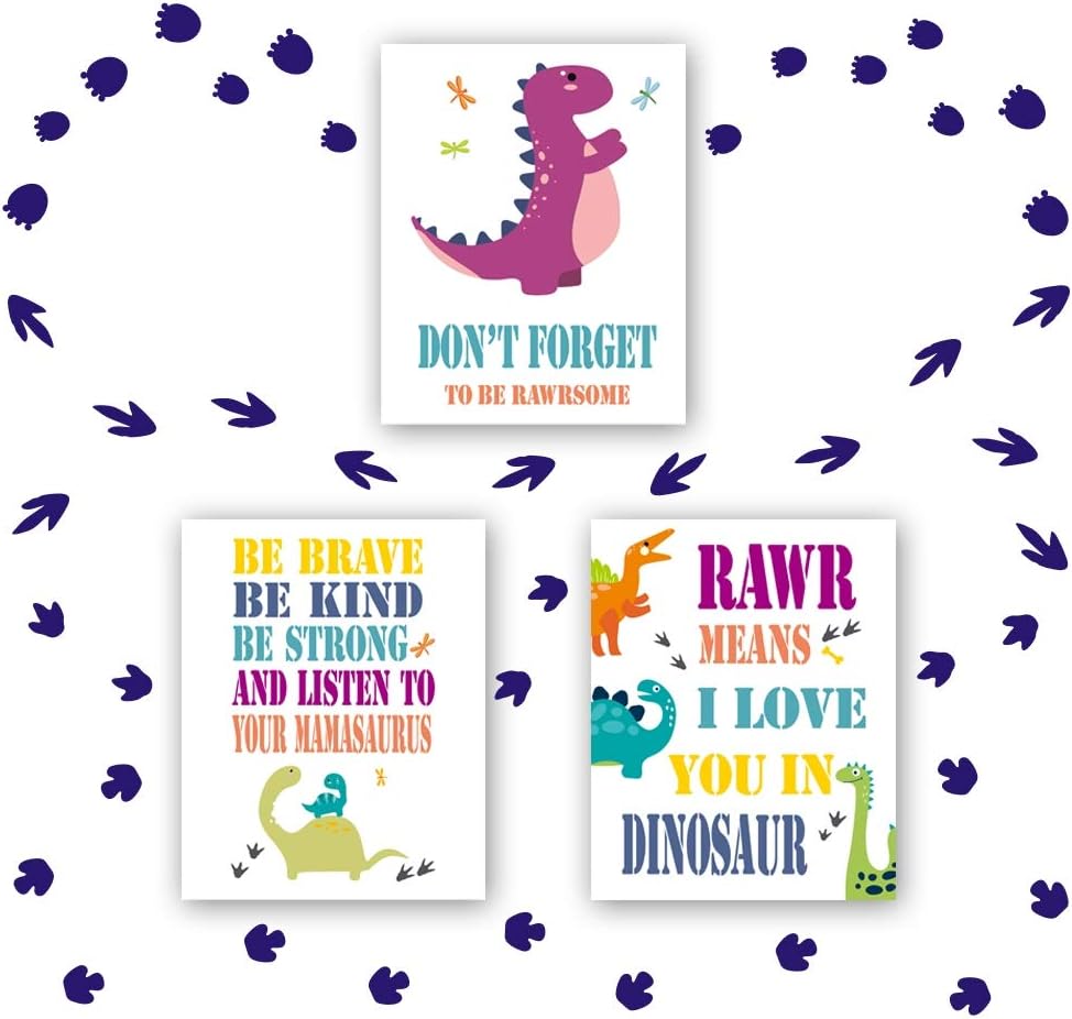 HPNIUB Dinosaur Quotes Art Prints, Set of 3 (8”X10”), No Frame + Dinosaur Footprints Sticker(43 Decals) Inspirational Quotes Be Brave Be Strong Rawr Painting for Nursery Boys Bedroom Playroom Decor