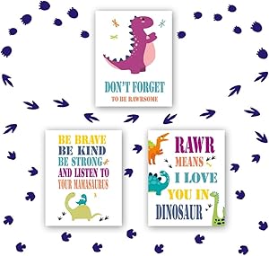 HPNIUB Dinosaur Quotes Art Prints, Set of 3 (8”X10”), No Frame + Dinosaur Footprints Sticker(43 Decals) Inspirational Quotes Be Brave Be Strong Rawr Painting for Nursery Boys Bedroom Playroom Decor