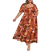 RITERA Plus Size Dresses for Curvy Women Square Neck Short Sleeve Summer Floral Smocked Maxi Dress with Pocket XL-5XL