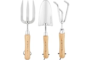 Berry&Bird Garden Tool Set 3 Pieces Stainless Steel Heavy Duty Gardening Kit Includes Hand Trowel, Hand Cultivator and Hand Fork with Wood Handle for Weeding Transplanting Digging, Ideal Garden Gifts