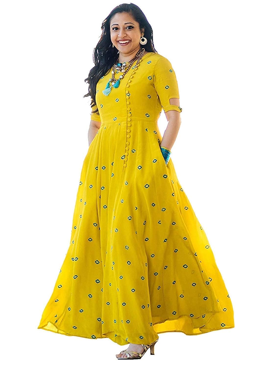 fashioto women's long embroidered kurti, yellow