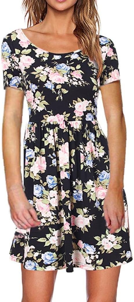 Hmeng Women A-Line Dress U-Neck Short Sleeve Wrap Dress Casual Swing Dresses Floral Mini Dress Above Knee Length
