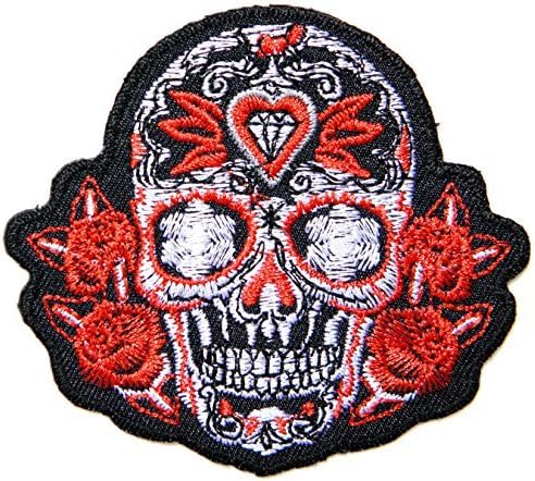 3.25" x 3" Red Dimond Rose Sugar Skull Day of the Dead Lady Rider Logo Biker Jacket Iron on Patch Sew Iron on Embroidered Badge Custom