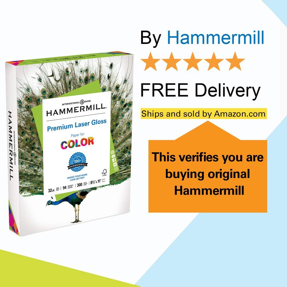 Hammermill Premium Laser Gloss 32lb Copy Paper, 8.5 x 11, 1 Pack, 300 Total Sheets, Made in USA, Sustainably Sourced From American Family Tree Farms, 94 Bright, Acid Free, 163110R : Laser Printer Paper : Office Products