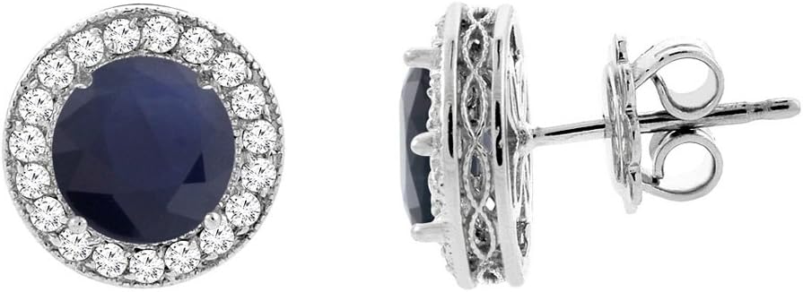 14k White Gold Diamond Halo Genuine Quality Blue Sapphire Earrings 0.45 cttw 5mm Round, 5/16 inch