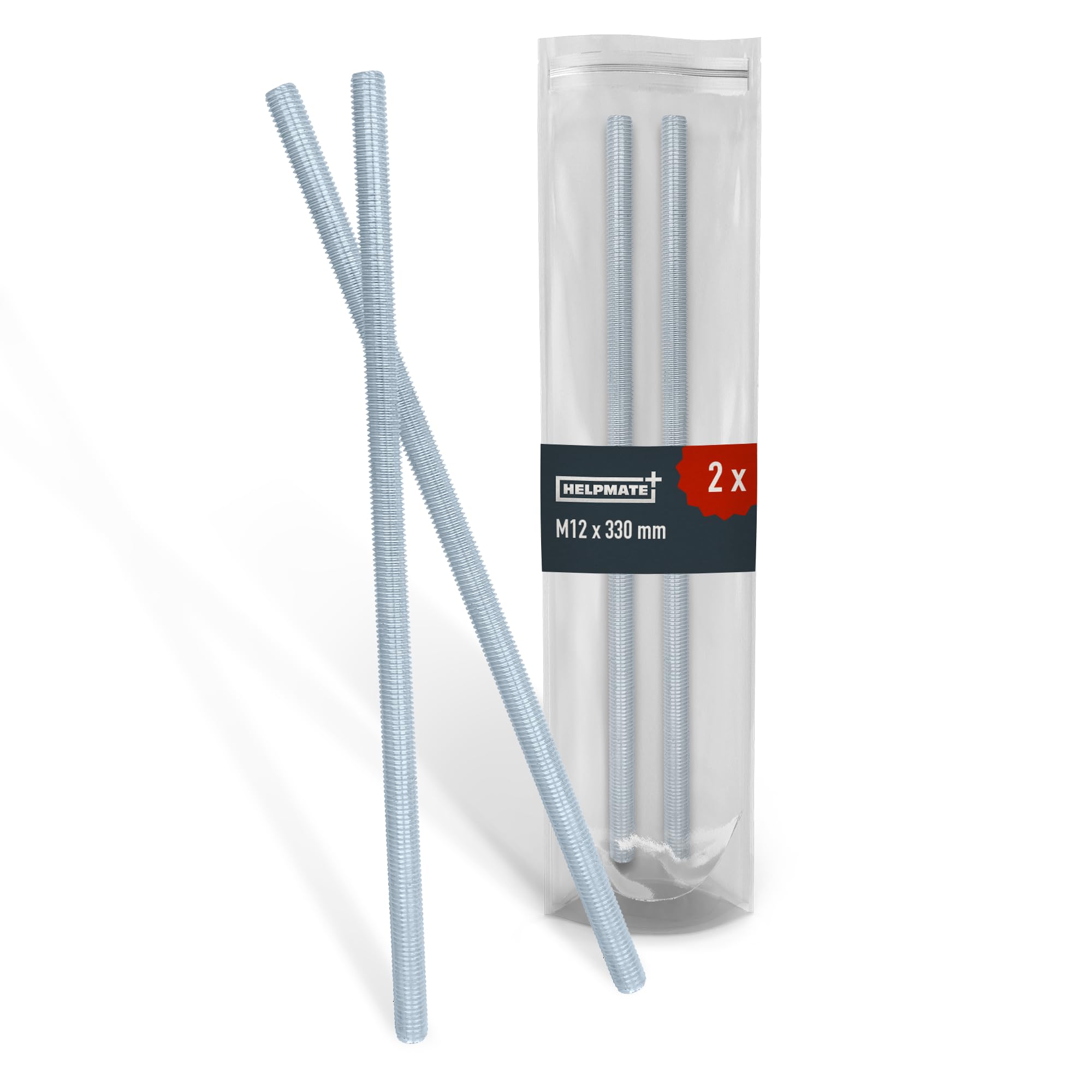 HELPMATE – Threaded rod M12 x 330 mm made of galvanised steel – 2 pieces of threaded bar with full metric thread – Threaded pin with strength class 4.8, DIN 976