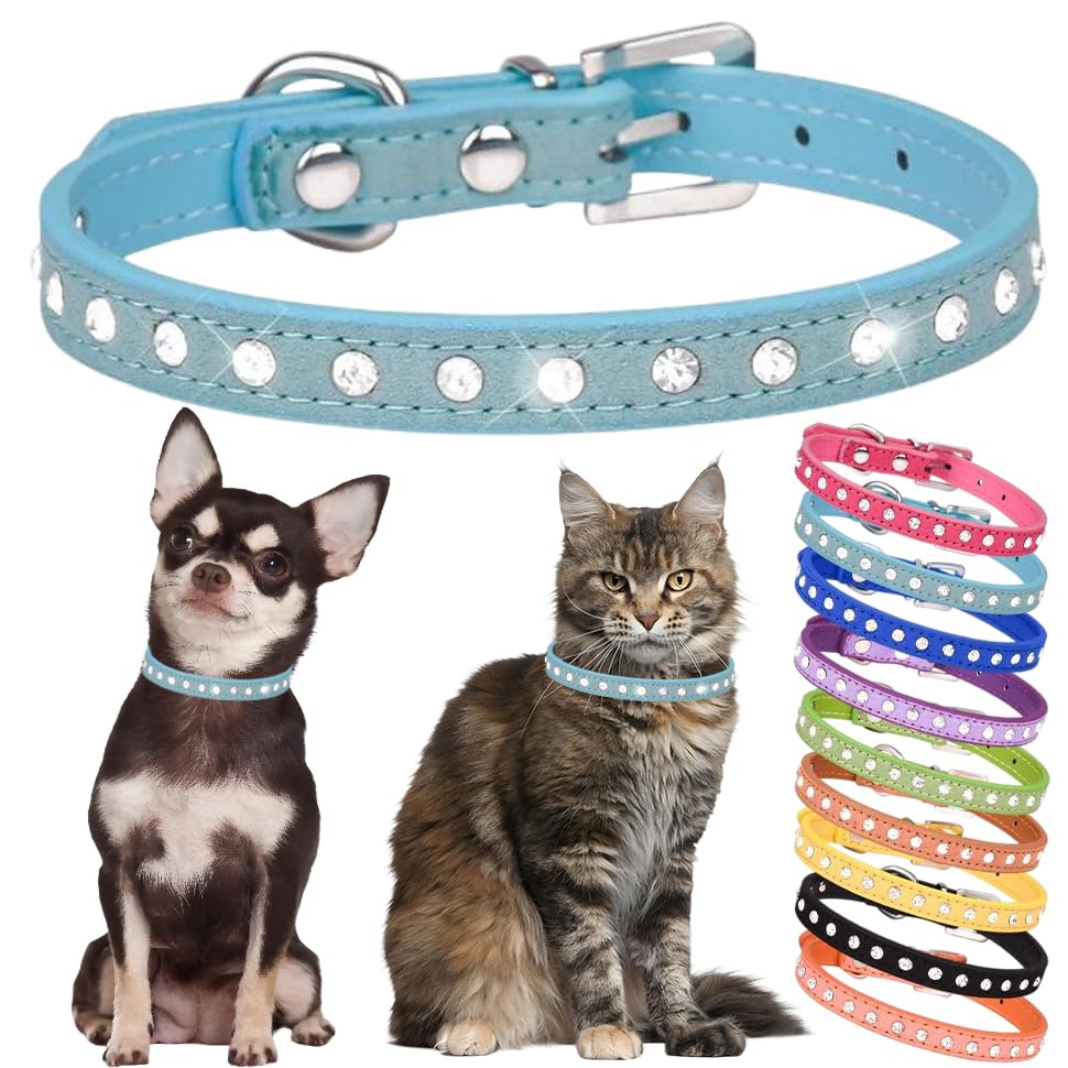 Rhinestone Dog Collar Cute Crystal Diamond Cat Collar Soft Leather Kitten Puppy Collars Adjustable for Small Medium Dogs Blue XXS