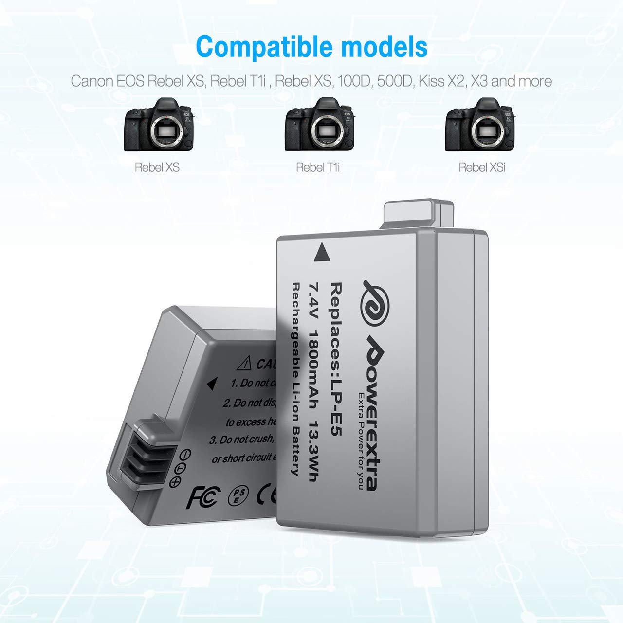 Powerextra 2 X LP-E5 Replacement Battery and Dual LCD Battery Charger Compatible with Canon EOS Rebel XS, Rebel T1i, Rebel XSi, 1000D, 500D, 450D, Kiss X3, Kiss X2, Kiss F