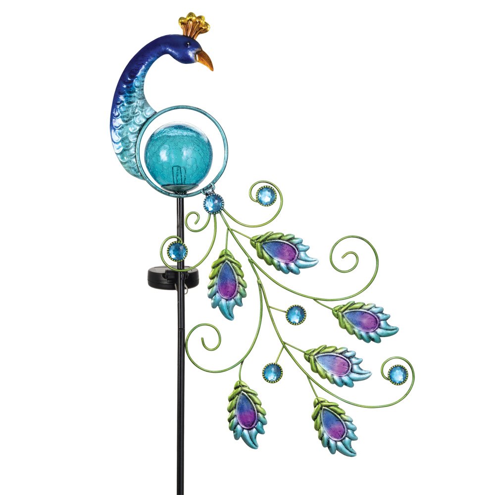 Bits and Pieces - Magnificent Solar Powered 38" Peacock Garden Stake - Beautiful Garden D&eacute;cor - Elegant Metal and Glass Solar Stake Creates Stunning Glow Throughout Evening