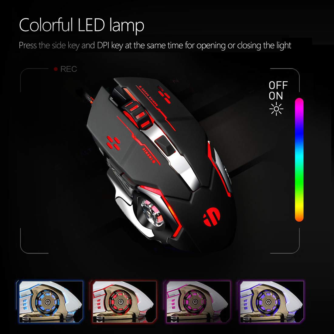 Gaming Mouse Mute Silent Click,Inphic USB Wired Optical Gaming Mice with LED Optical, 4 DPI Adjustment Levels, 6 Buttons for Laptop, PC, Mac (Metallic Black)