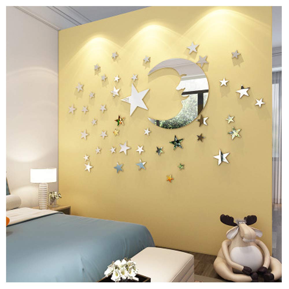ATFUNSHOP Mirror Wall Stickers Moon and Star Home Decoration for Kids Living Room Silver Reflection