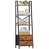 Furologee 4-Tier Ladder Shelf,Small Bookshelf with 2 Drawers,Vertical Bookcase Storage Rack Organizer,Rustic Bookshelves for 