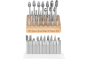 Mars-Rock Tungsten Carbide Burr Set Compatible with Dremel 1/8" Shank 20PCS w/Wood Base Die Grinder Rotary Tool Rasp Bits Kit Accessories Attachments Metal Wood Stone Plastic Carve Cut Grind Clean