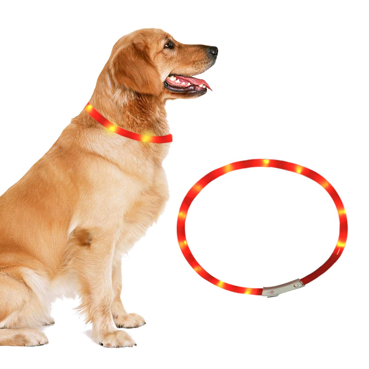 RBNANA LED Dog Collar, Super Bright USB Rechargeable Dog Safety Collar, with 3 Modes and Adjustable Cut to Size for Dogs and Cats, Red
