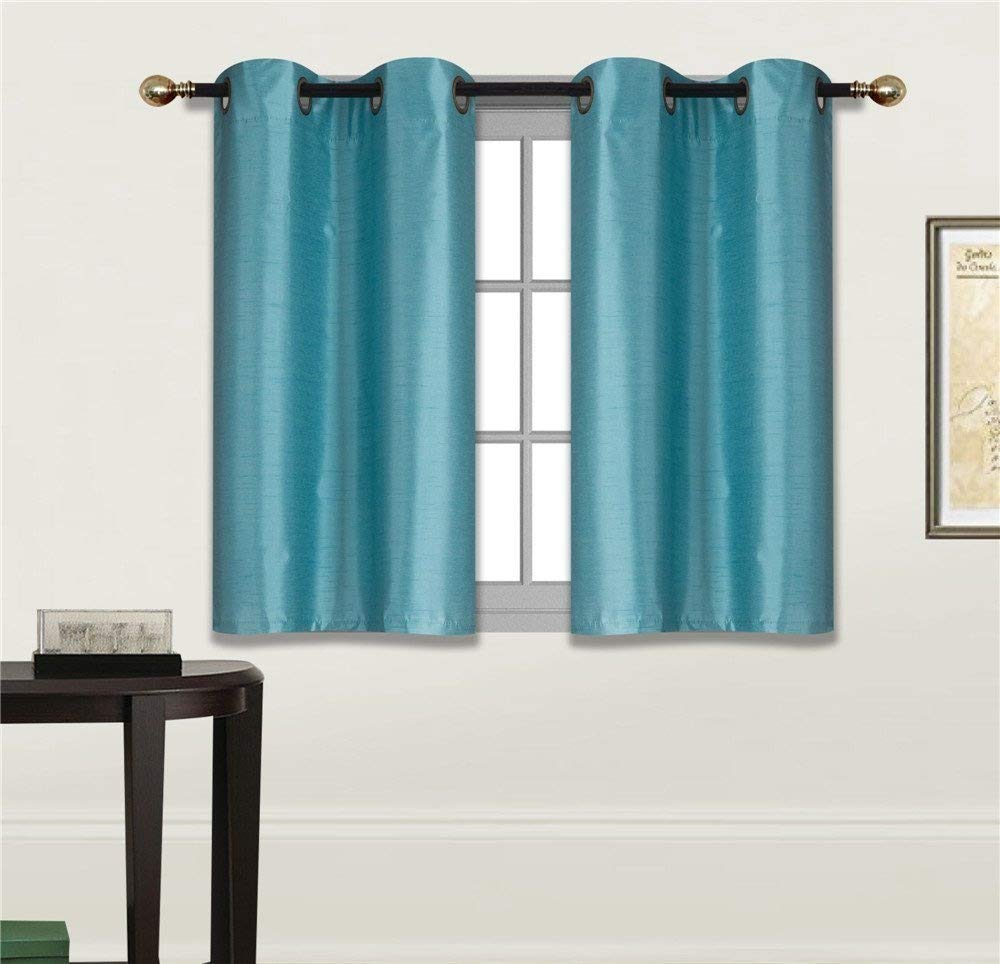 Elegant Home 2 Panels Tiers Grommets Small Window Treatment Curtain Faux Silk Insulated Blackout Drape Short Panel 28" W X 36" L Each for Kitchen Bathroom or Any Small Window # D24 (Teal Blue)