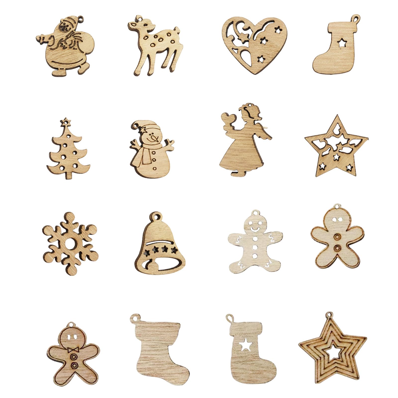 Small Wooden Christmas Ornaments, 190 Pcs Snowflake Heart Gingerbread Angel Star Tree Hanging Decorations for DIY Crafts Invitation Card Gift Tags