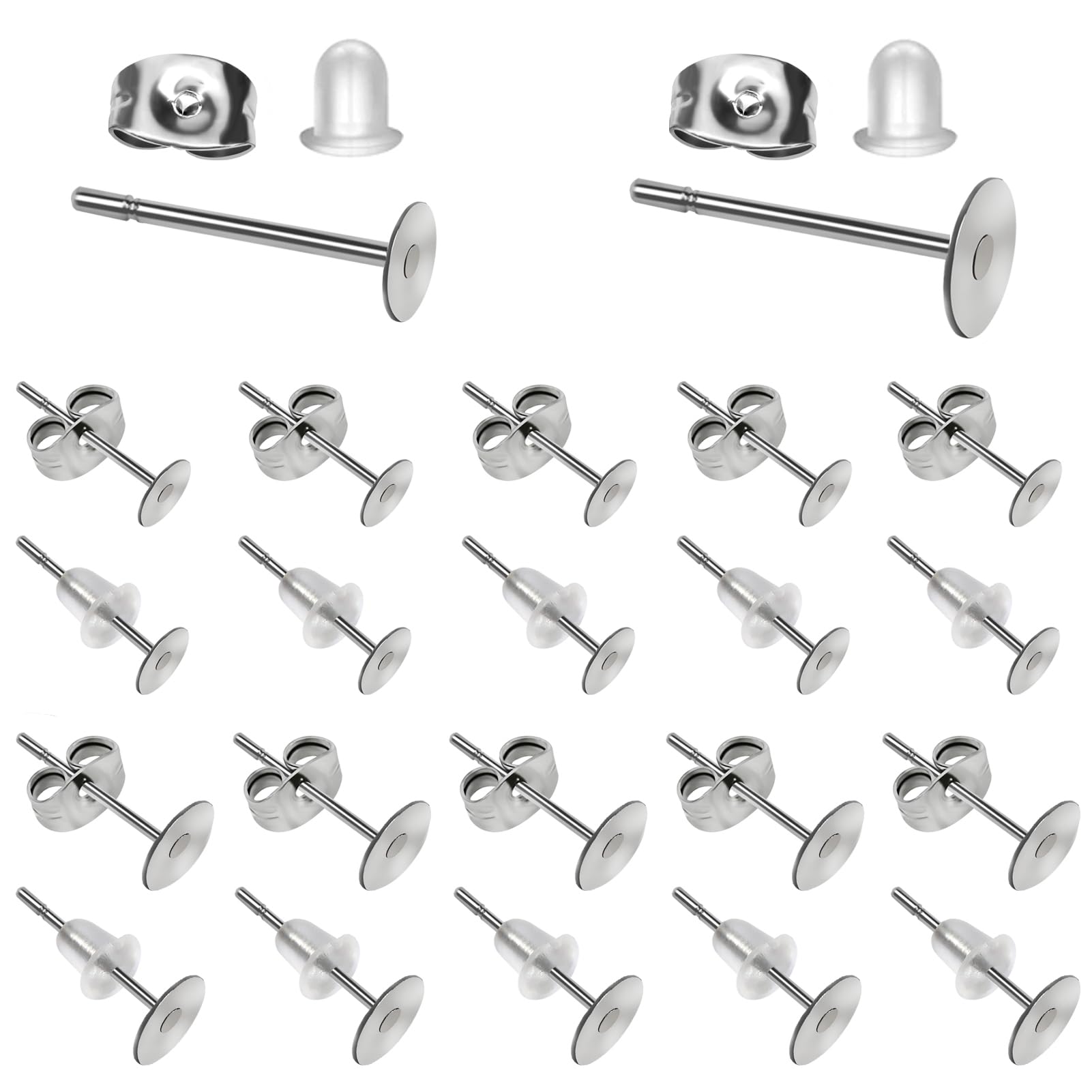 TOAOB 500pcs Stainless Steel Earring Posts and Backs 4mm 6mm Flat Pad Earring Studs and Butterfly Earring Backs and Rubber Safety Earring Backs for Jewelry Findings Making Supplies