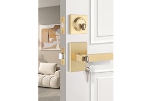 EHOMEWARE Gold Entry Door Handle with Single Cylinder Deadbolt, Brass Interior Door Handles with Deadbolt Door Lock, Heavy Duty Entry Door Knob with Lock and Keys, Reversible for Right/Left Handed