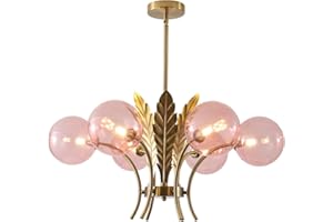 BOKT Modern Sputnik Chandeliers 6-Lights Island Pendant Lighting Fixture Mid Century Ball Chandelier with Pink Globe Lampshade Gold Sphere Ceiling Light for Dining Room Living Room Girls Room