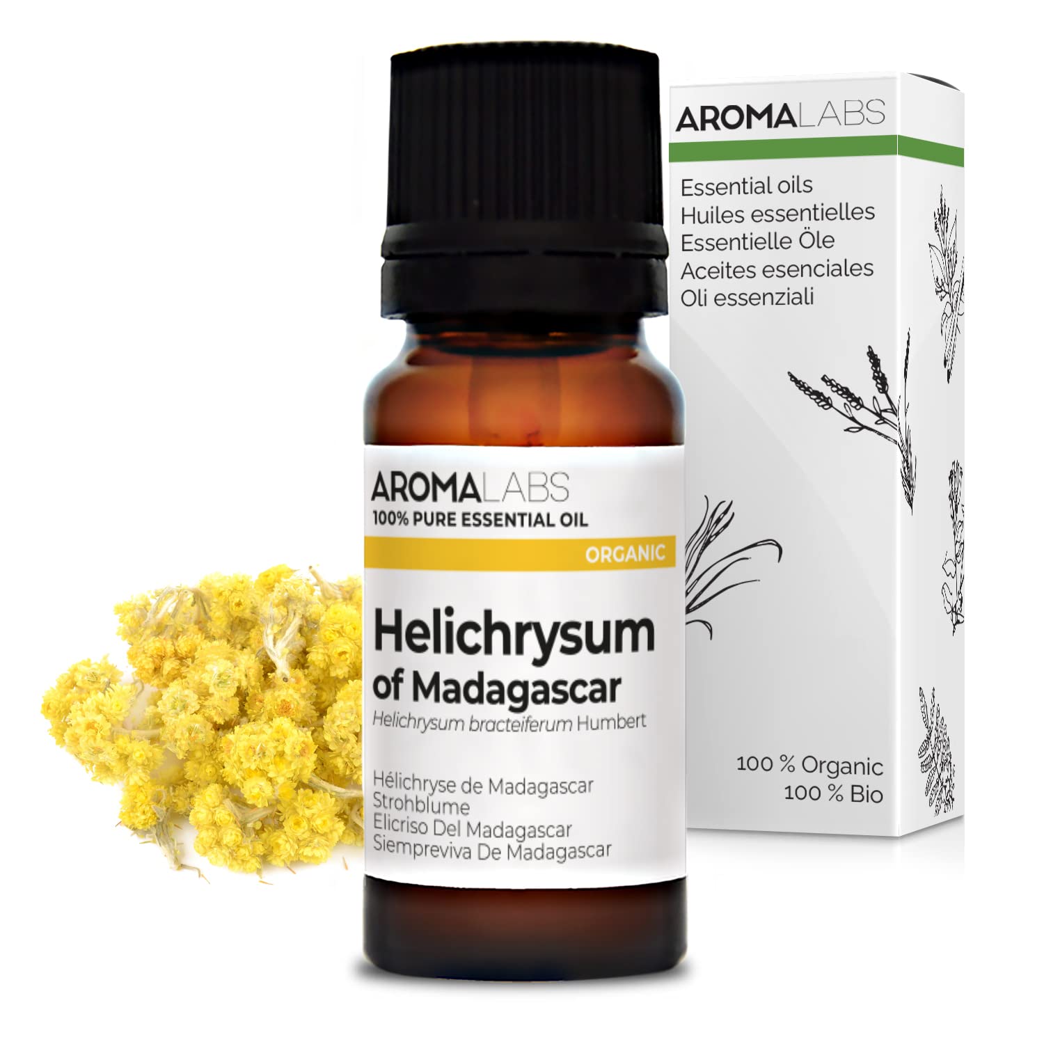 BIO - Helichrysum of Madagascar Essential Oil - 10mL - 100% Pure, Natural, Chemotyped and AB/Cosmos Certified - AROMA LABS (French Brand)